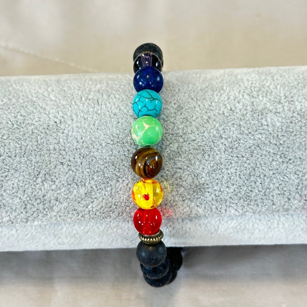 Multicolor 7 stone chakra stretchy bracelet w/black lava stones